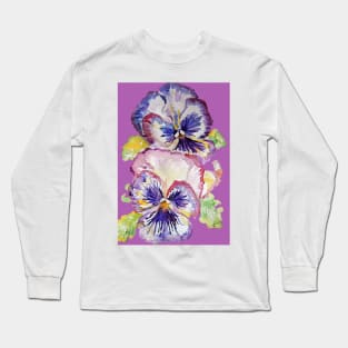 Pansy Watercolor Purple Flower Pattern on dark Magenta Pink Long Sleeve T-Shirt